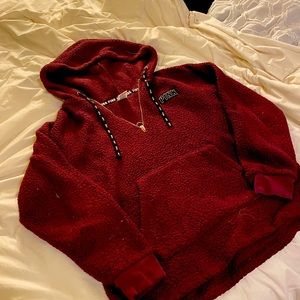 Maroon Sherpa fleece hoodie with pocket